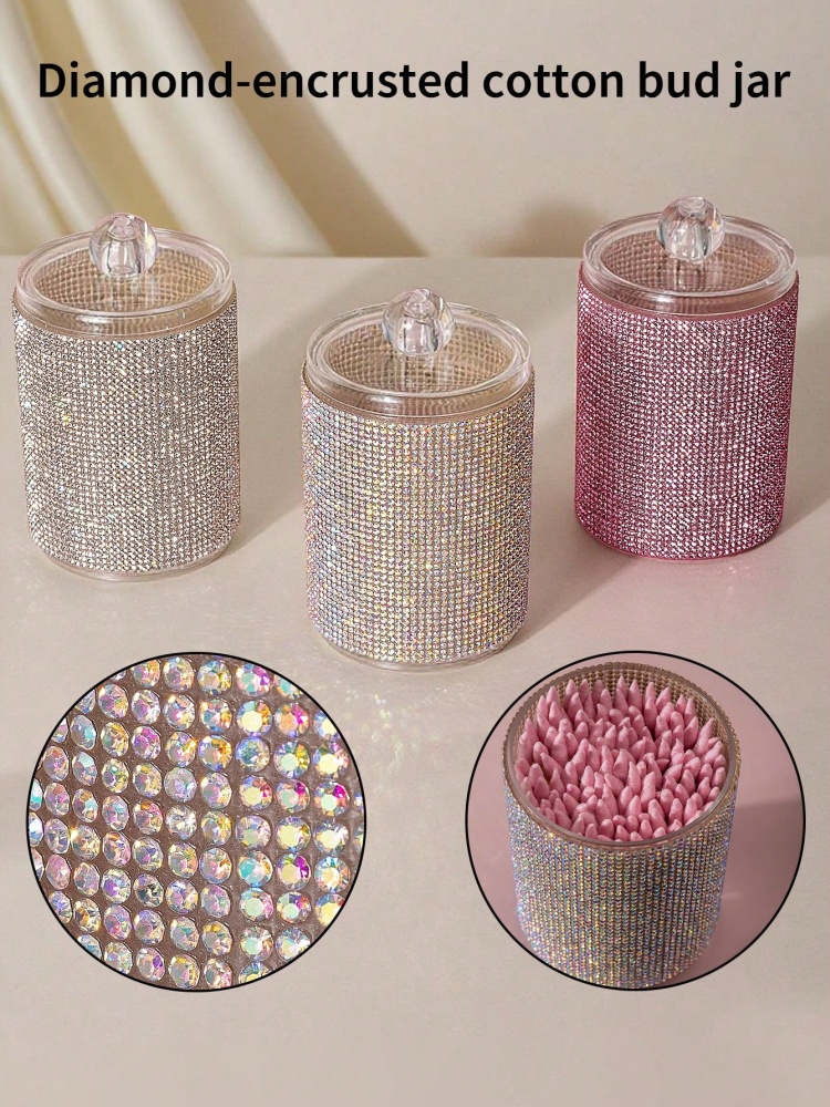 Luxury Skincare Containers - 3-Farbiger Luxuriöser Diamantbesetzter Wattestäbchen-Aufbewahrungsbehälter, Dekorative Badezimmer-Waschtisch-Aufbewahrungsbox