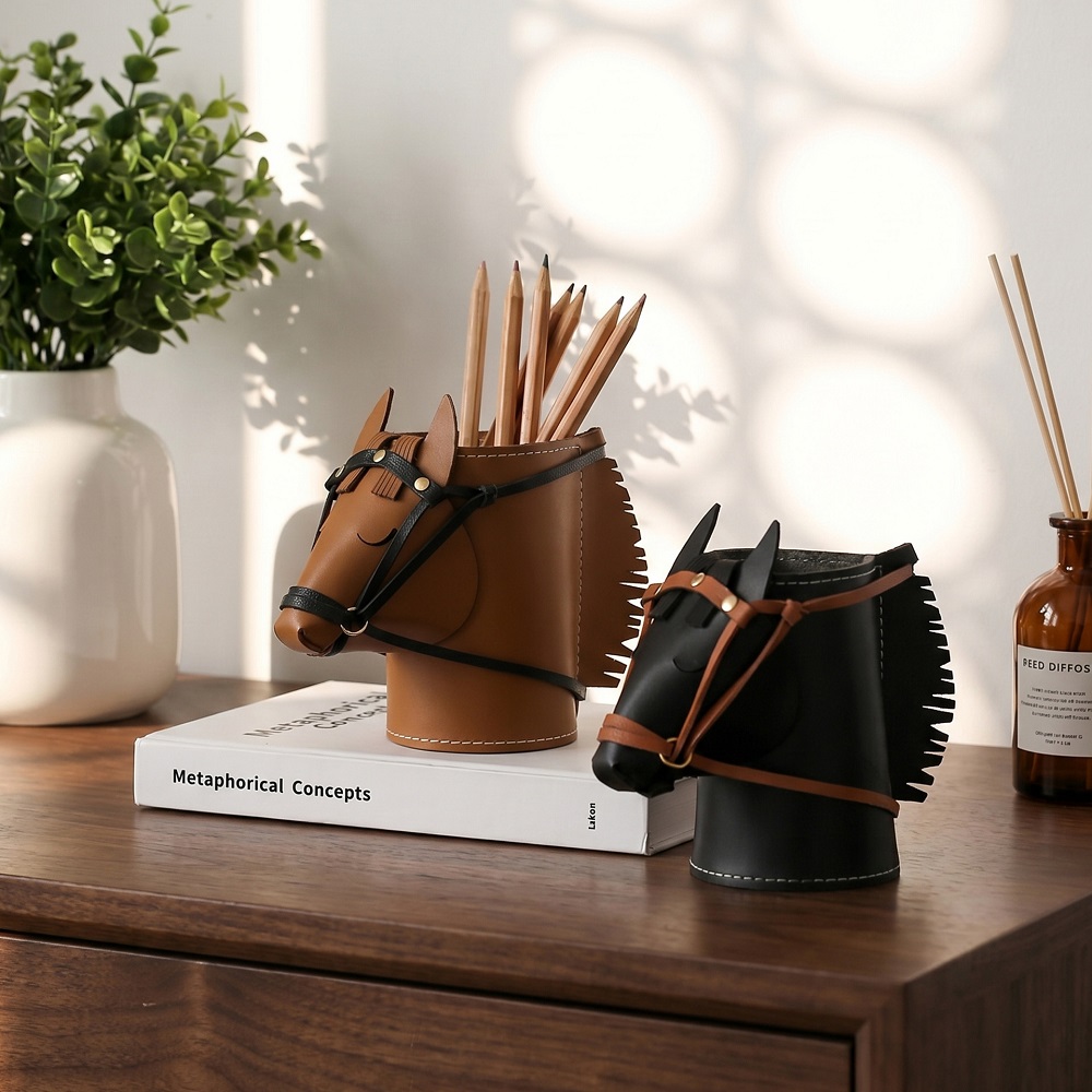 Luxury Skincare Containers - Luxuriöse Leder-Aufbewahrungsbox in Pferdekopfform, Schlafzimmer-Make-up-Pinsel-Aufbewahrungskorb, Schreibtisch-Organizer